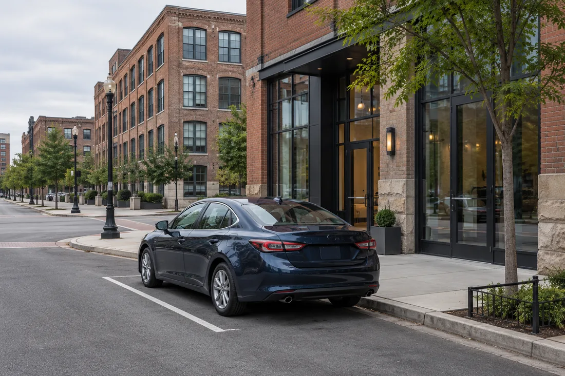 Representative Columbus-style urban parking scene with an unbranded car beside brick buildings.