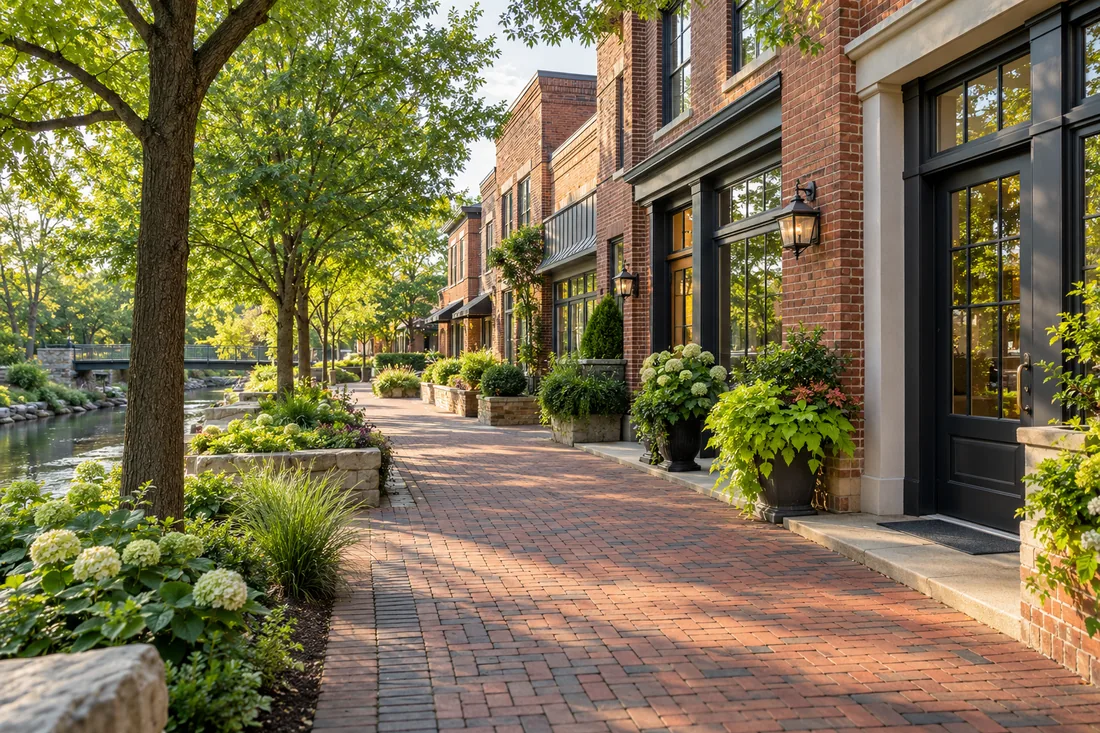 Representative creekside mixed-use setting inspired by Gahanna, with brick storefront entrances and trees.