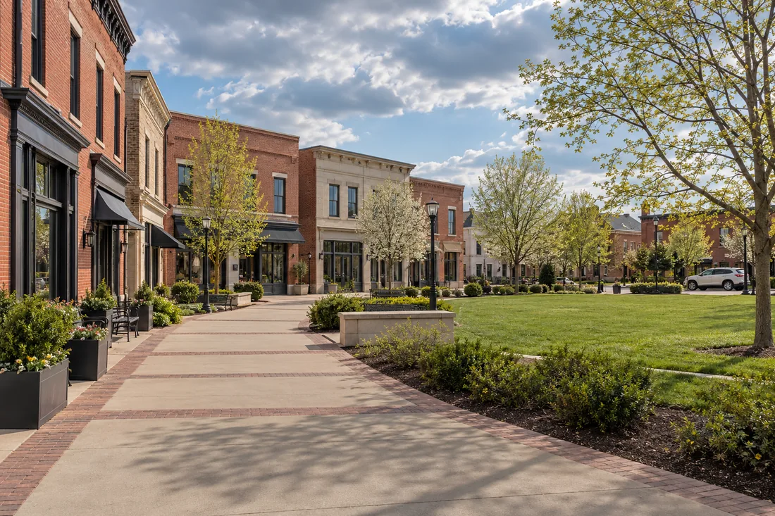 Representative Grove City-style town-center setting with shopfronts beside an open landscaped green.