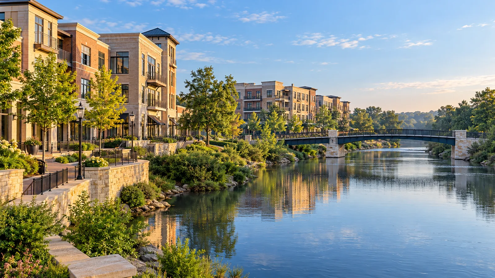 Representative riverfront neighborhood scene inspired by Dublin, Ohio, with stone buildings, trees and a pedestrian bridge.