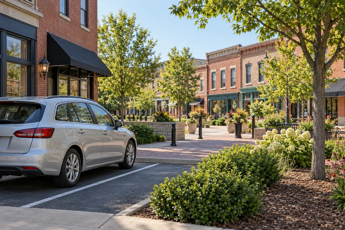 Representative Hilliard-style downtown parking area with a parked vehicle and separate pedestrian walkway.