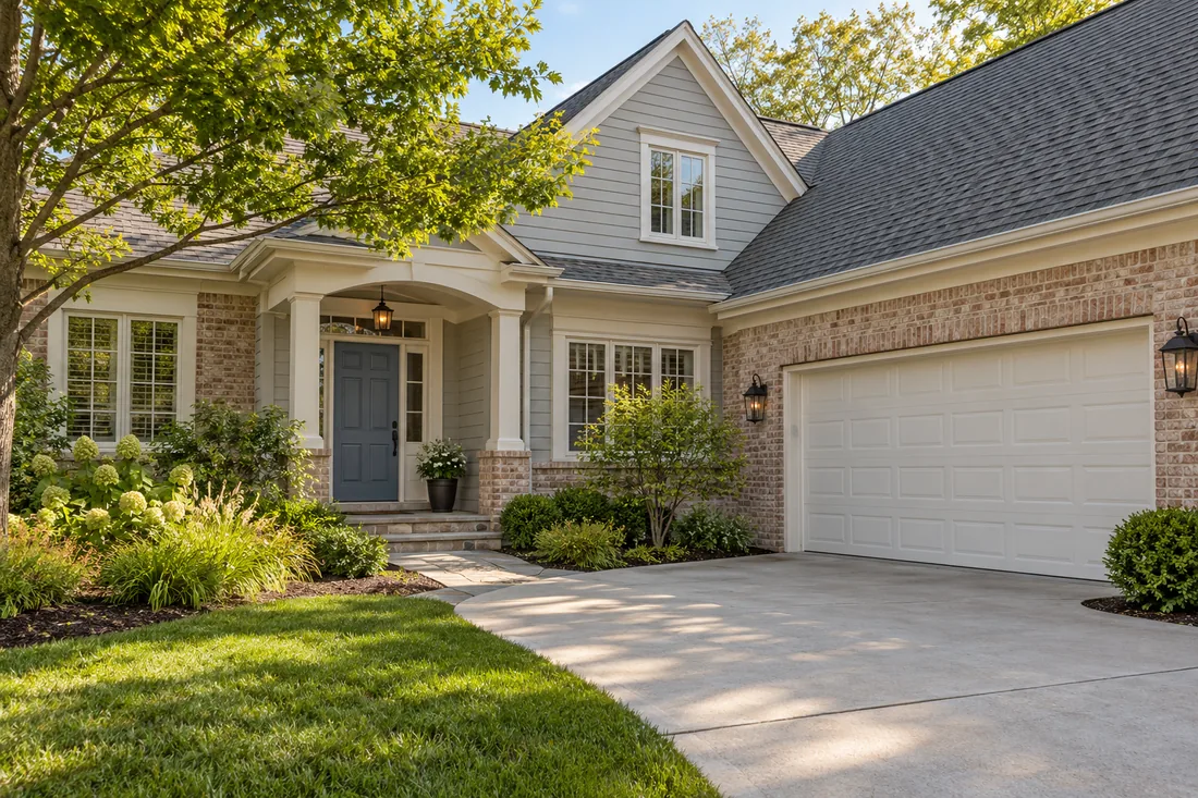 Representative Powell-area home entrance and separate residential garage door, shown in natural daylight.