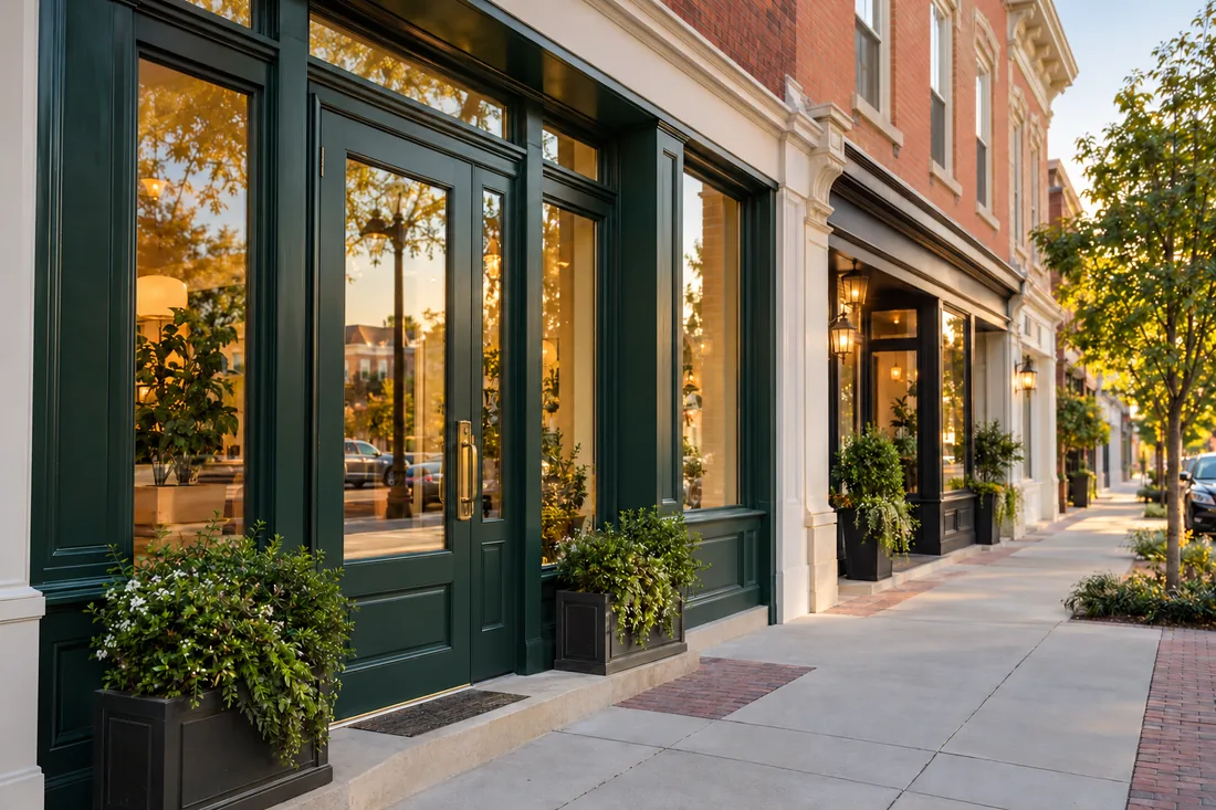 Representative Westerville-style business entrance with a street-side parking space and brick upper floors.