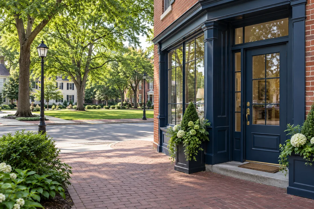 Representative Worthington-style street corner with a leafy green and a traditional storefront entrance.