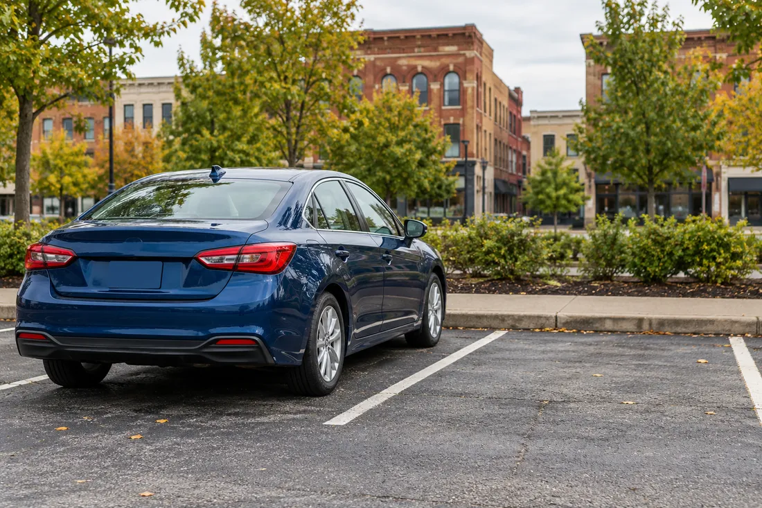 Representative parked sedan in a small Ohio downtown parking lot with brick buildings beyond.