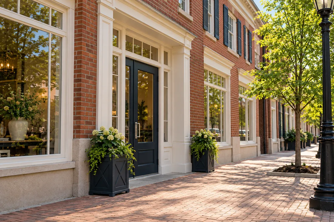 Representative Georgian-style Ohio storefront with a recessed entry, brick paving and planted trees.