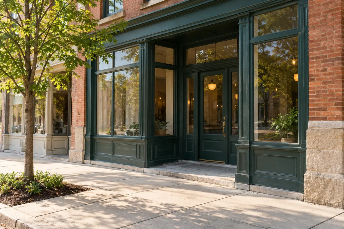 Representative Ohio small-town brick storefront entrance beside a broad sidewalk.