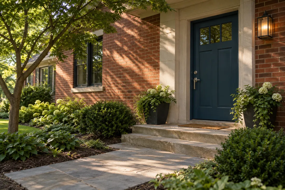Representative brick home entrance with a blue door and neatly planted front walk.